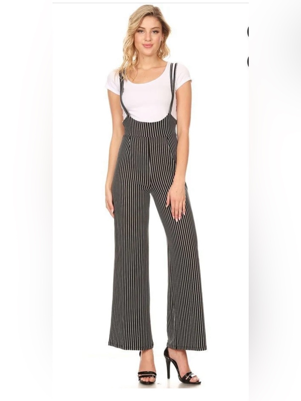 Wild Honey Black & White Pinstripe Suspender Wide-Leg Jumpsuit